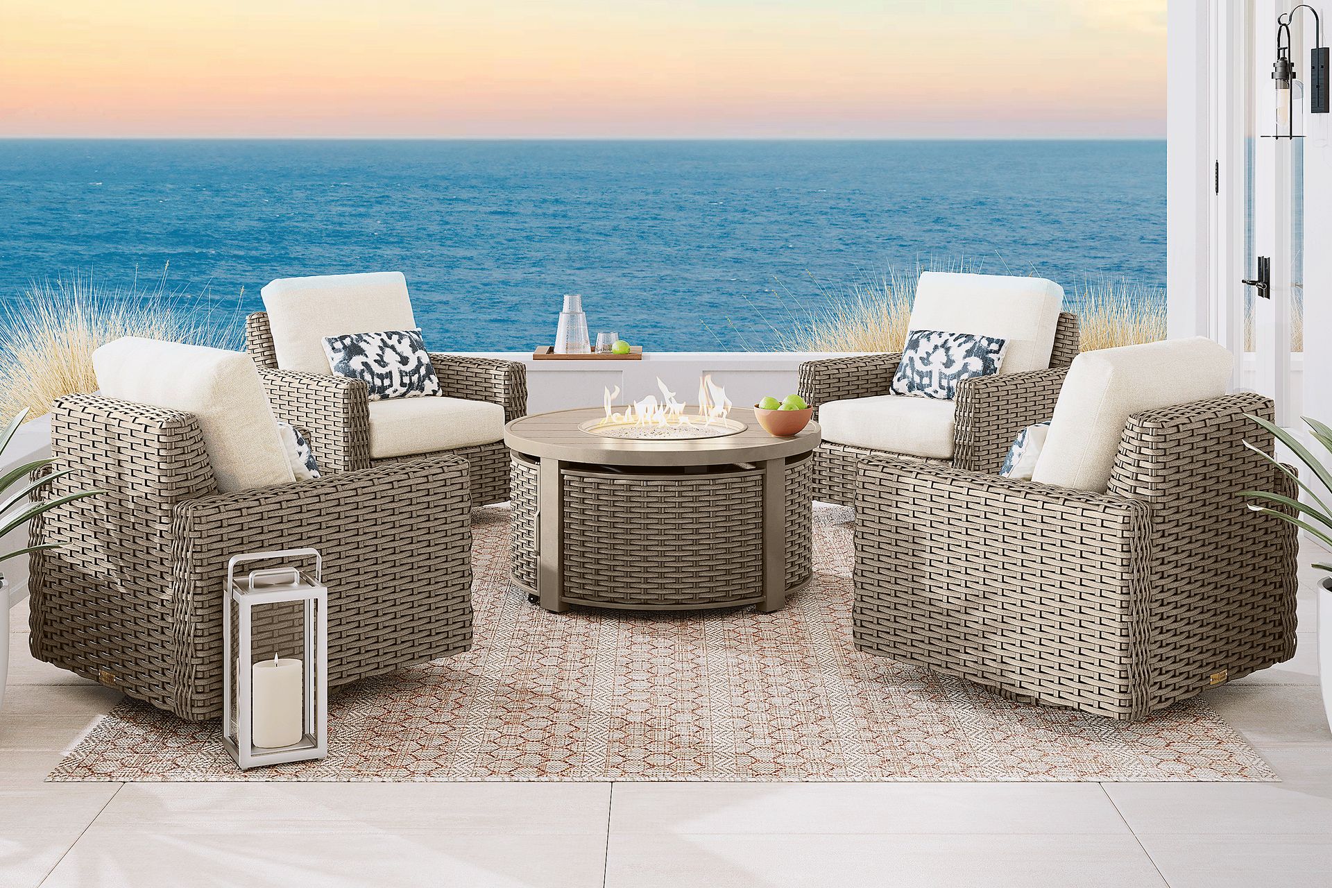 Siesta Key Driftwood 5 Pc Outdoor Fire Pit Swivel Chat Set with Desert Cushions - Image 1