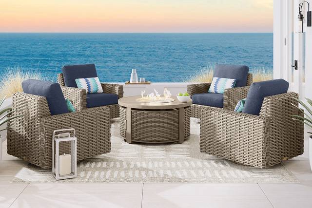 Siesta Key Driftwood 5 Pc Outdoor Fire Pit Swivel Chat Set with Ink Cushions - Thumbnail - Image 1
