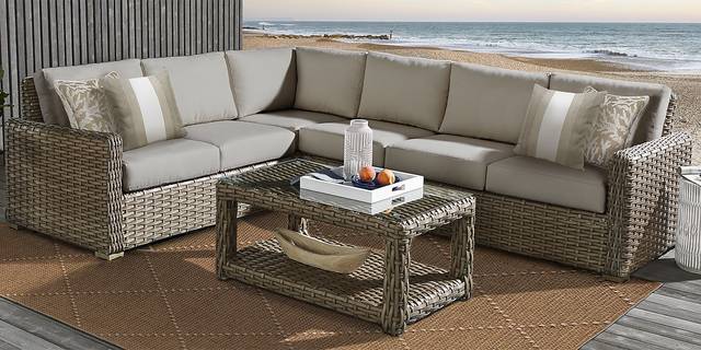 Siesta Key Driftwood 5 Pc Outdoor Seating Set with Sand Cushions - Thumbnail - Image 1