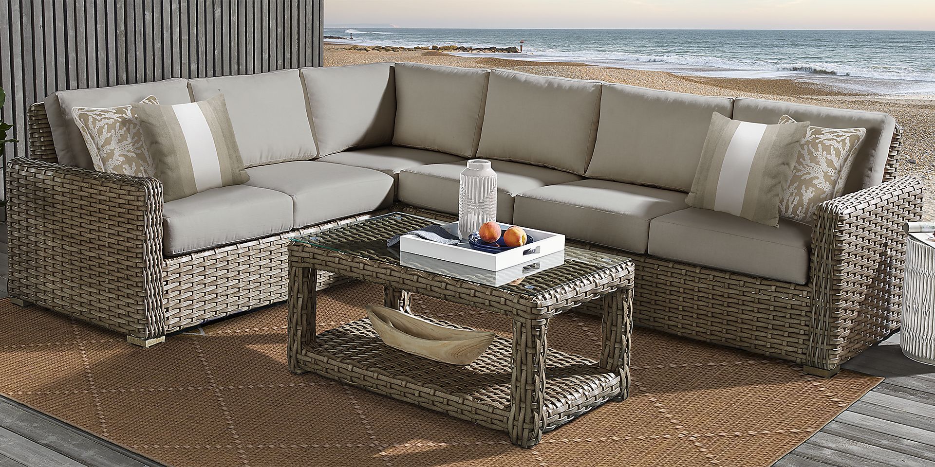 Siesta Key Driftwood 5 Pc Outdoor Seating Set with Sand Cushions - Image 1