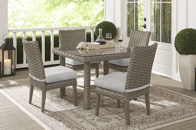 Siesta Key Driftwood 5 Pc Square Outdoor Dining Set with Dove Cushions - Thumbnail - Image 1