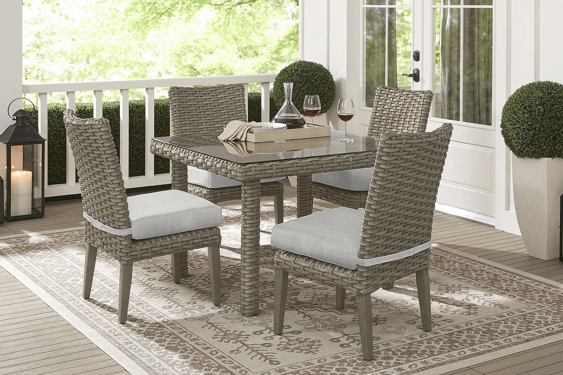 Siesta Key Driftwood 5 Pc Square Outdoor Dining Set with Dove Cushions - Image 1