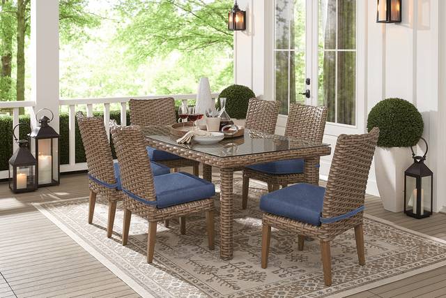 Siesta Key Driftwood 7 Pc 72 in. Rectangle Outdoor Dining Set with Indigo Cushions - Thumbnail - Image 1
