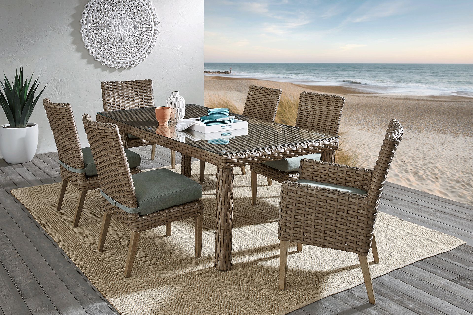 Siesta Key Driftwood 7 Pc 72 in. Rectangle Outdoor Dining Set with Seafoam Cushions - Image 1