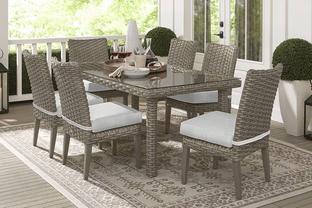 Siesta Key Driftwood 7 Pc Outdoor Dining Set with Dove Cushions - Thumbnail - Image 1