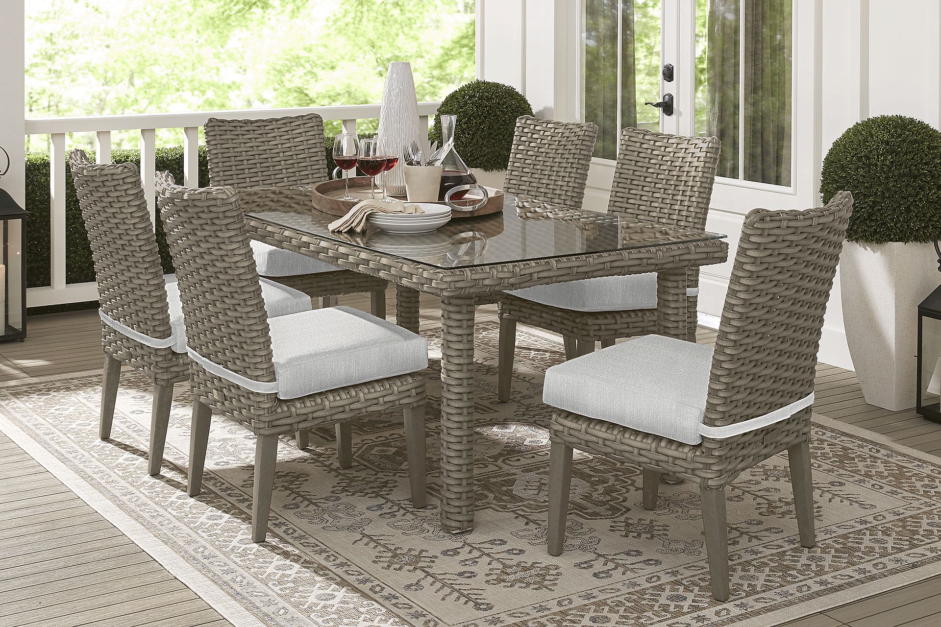 Siesta Key Driftwood 7 Pc Outdoor Dining Set with Dove Cushions - Image 1