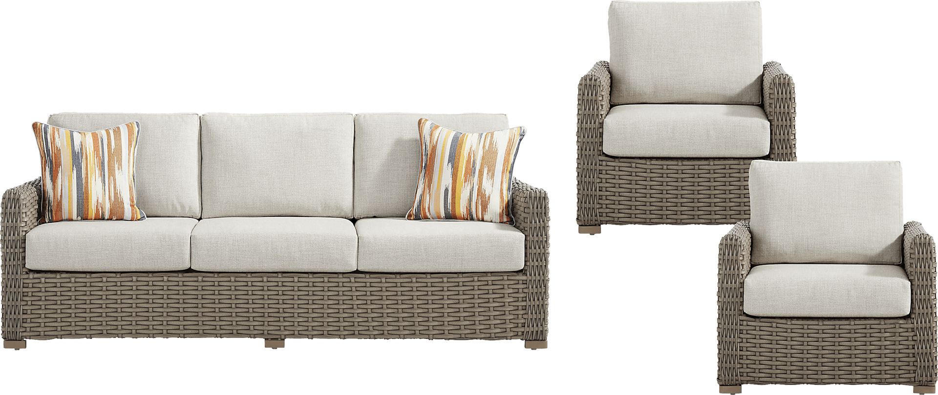 Siesta Key Driftwood Finish 3 Pc Outdoor Seating Set with Desert Cushions - Image 1