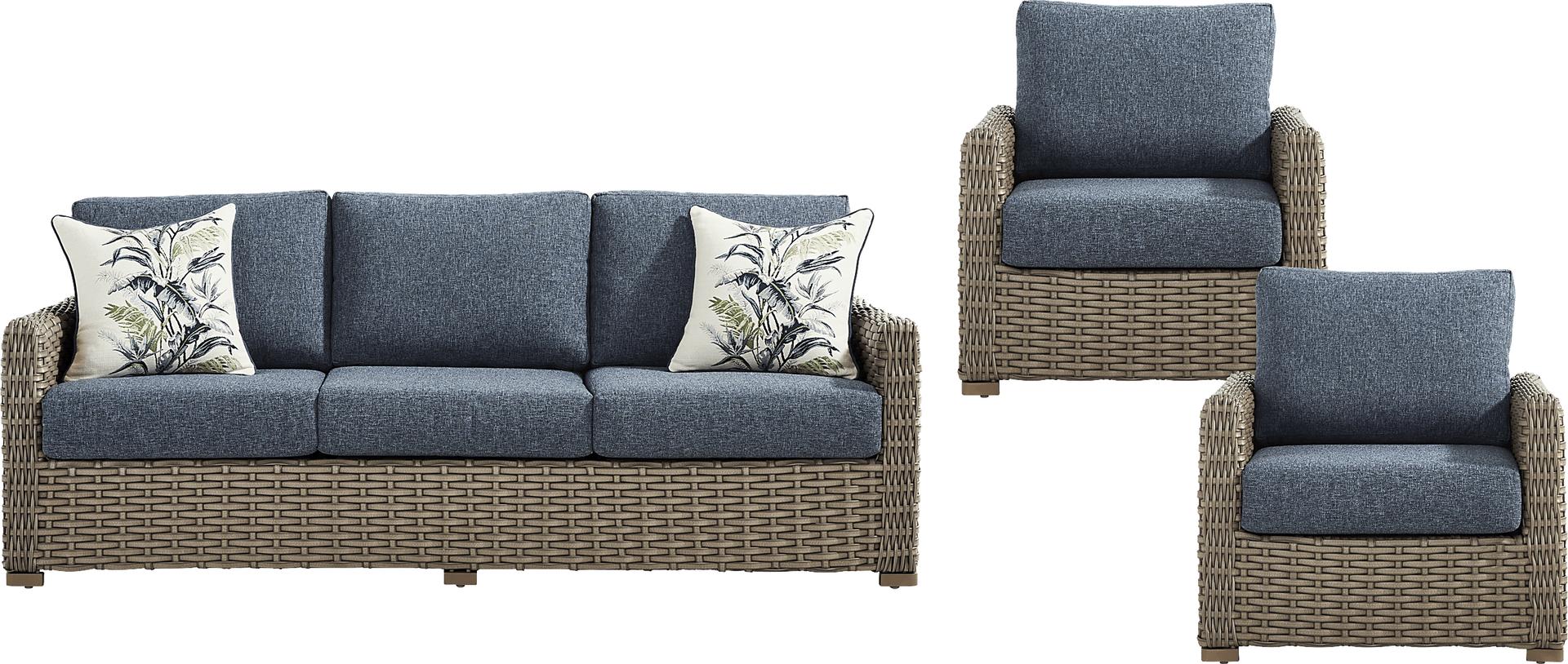 Siesta Key Driftwood Finish 3 Pc Outdoor Seating Set with Ink Cushions