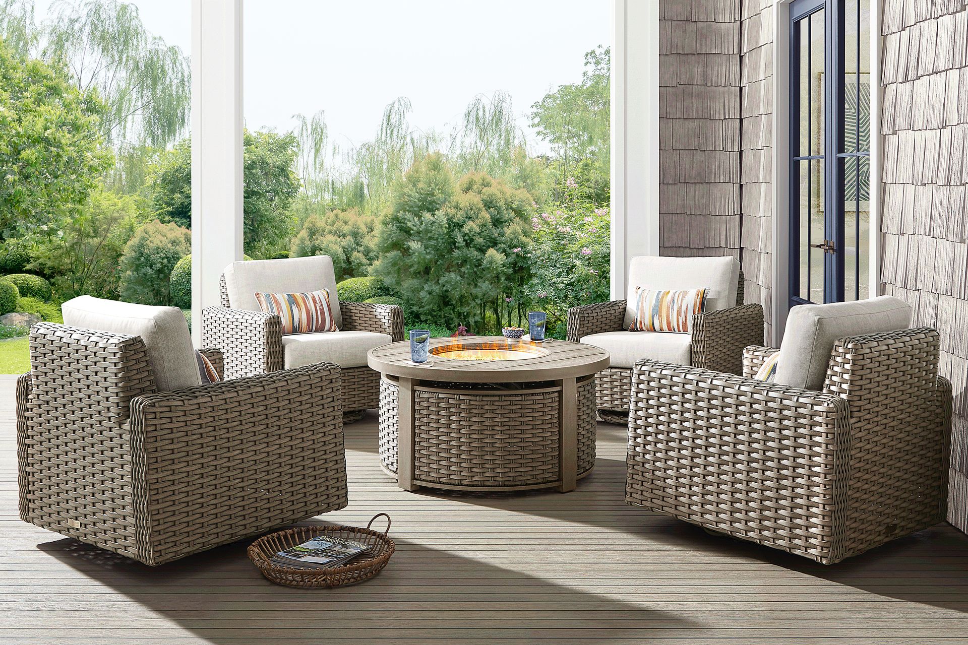 Siesta Key Driftwood Finish 5 Pc Outdoor Fire Pit Swivel Chat Set with Desert Cushions - Image 1