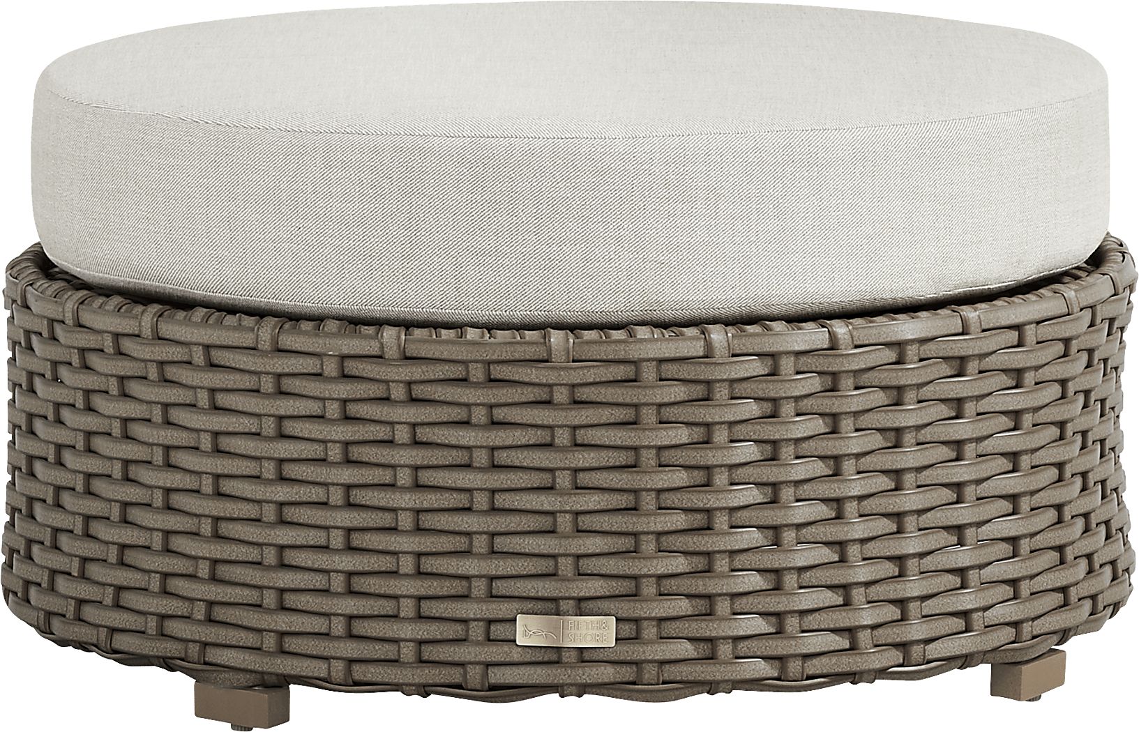 Siesta Key Driftwood Finish Round Outdoor Ottoman with Desert Cushion