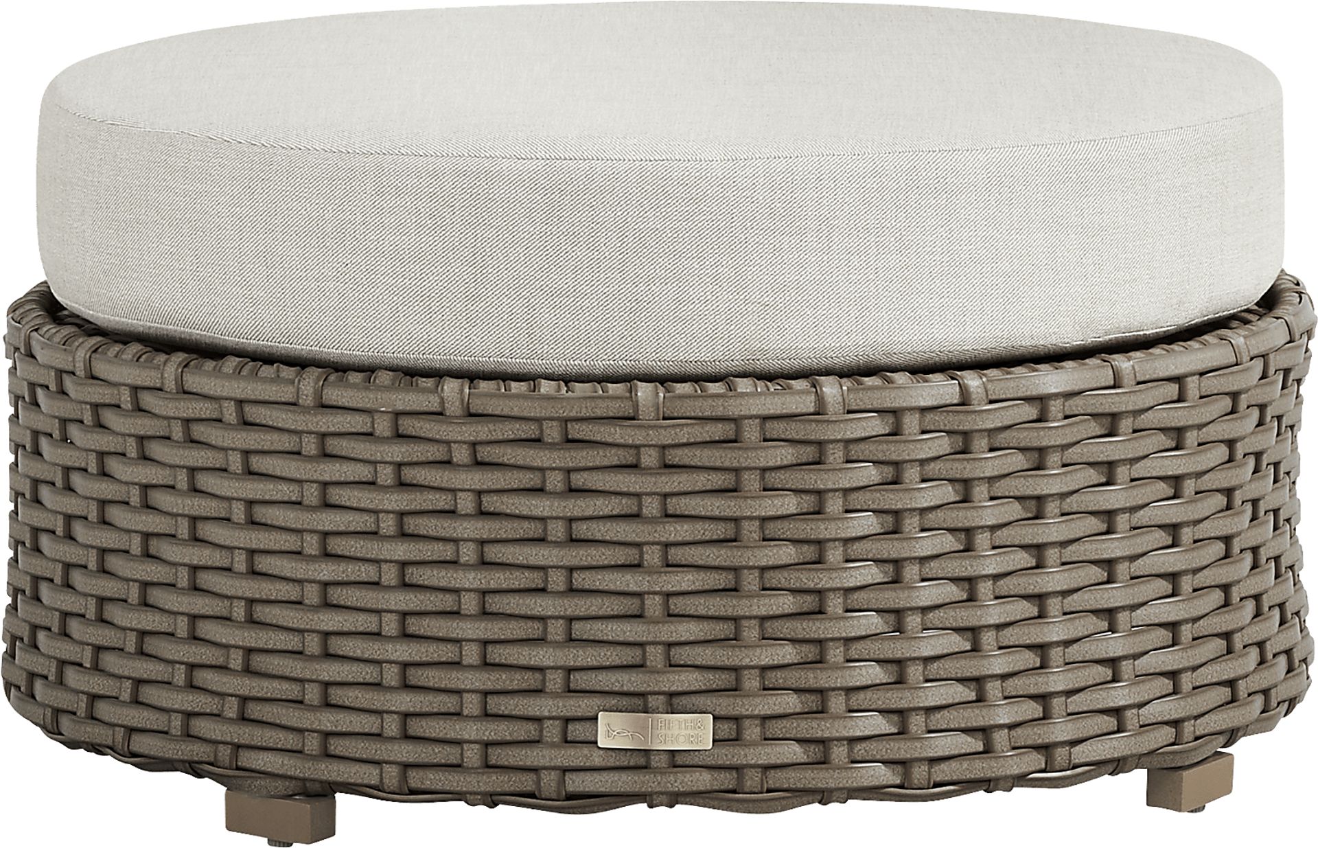 Siesta Key Driftwood Finish Round Outdoor Ottoman with Desert Cushion - Image 1
