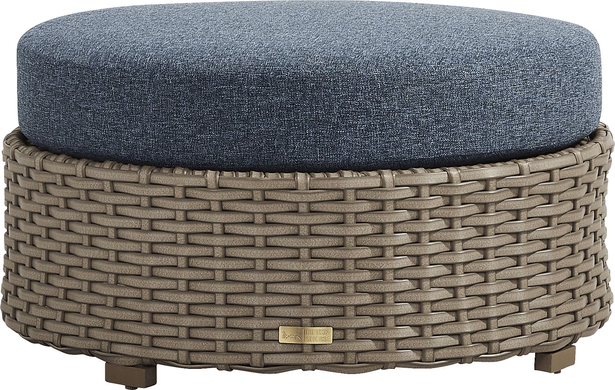 Siesta Key Driftwood Finish Round Outdoor Ottoman with Ink Cushion