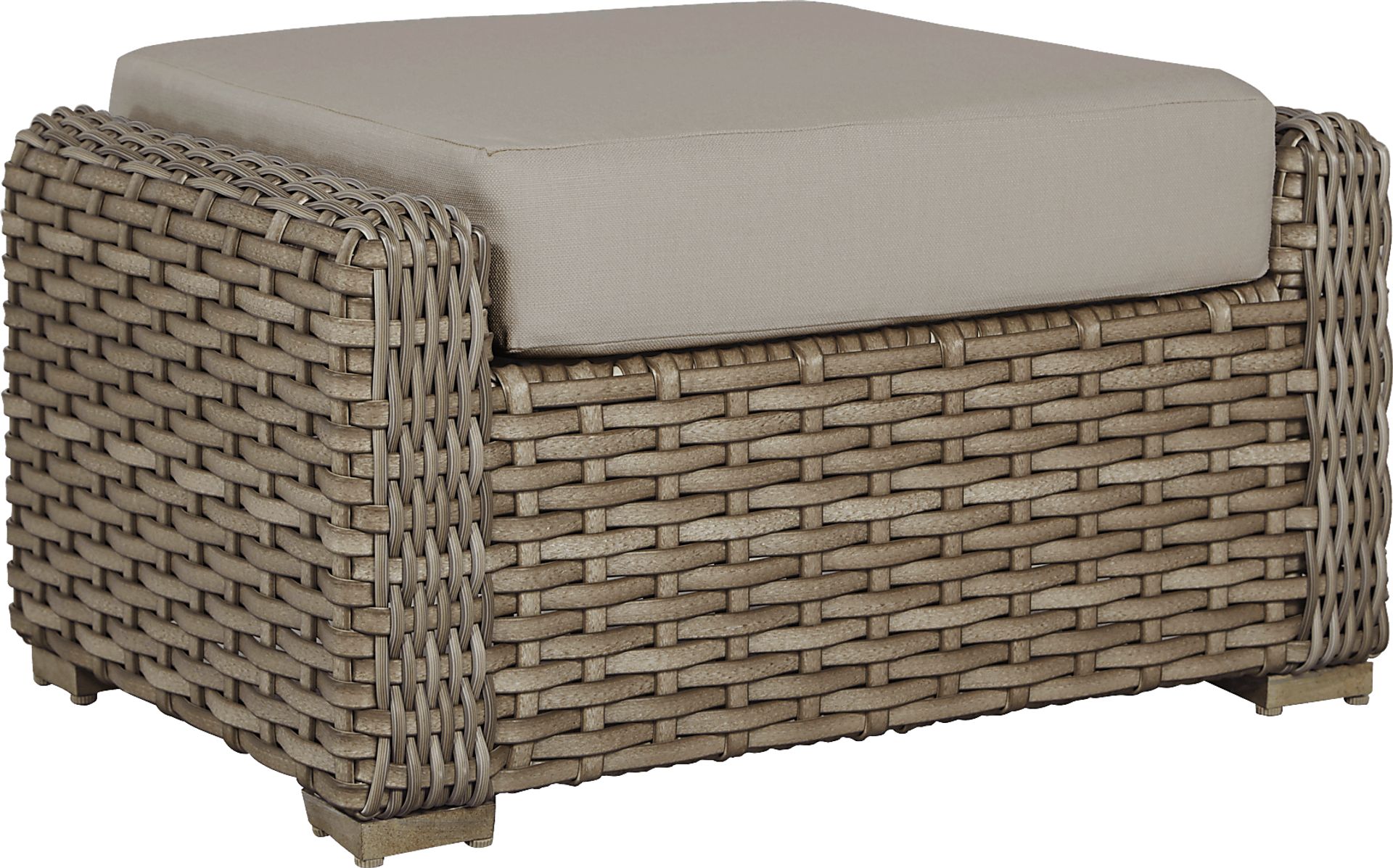 Siesta Key Driftwood Round Outdoor Ottoman with Sand Cushion - Image 1