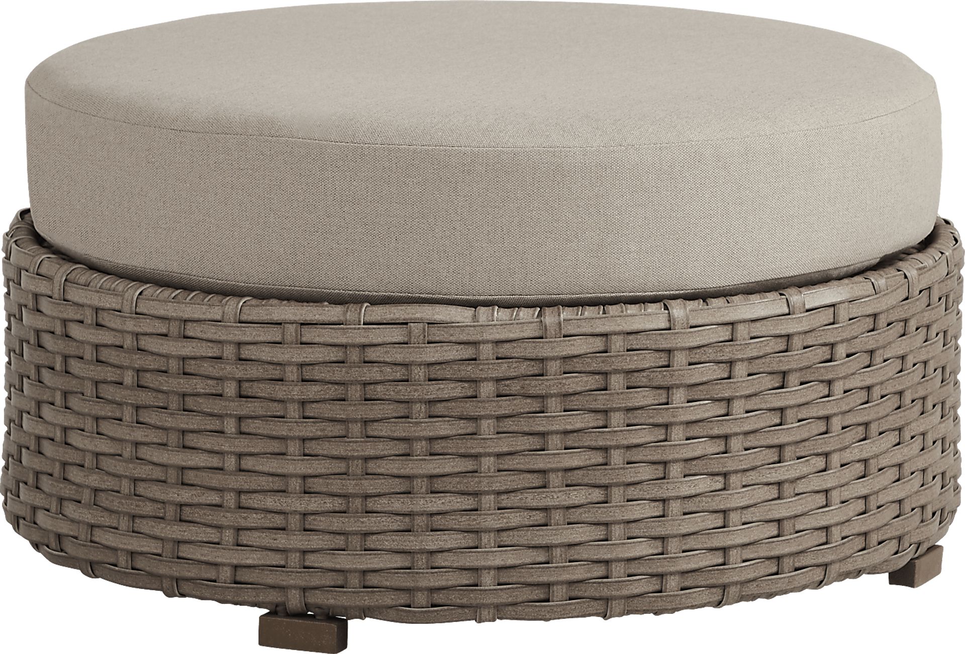Siesta Key Driftwood Round Outdoor Ottoman with Sand Cushions - Image 1