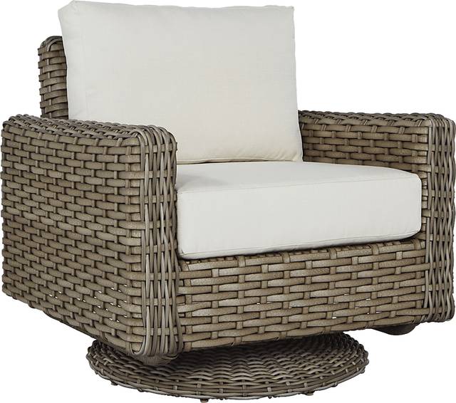 Siesta Key Driftwood Outdoor Swivel Chair with Linen Cushions - Thumbnail - Image 1