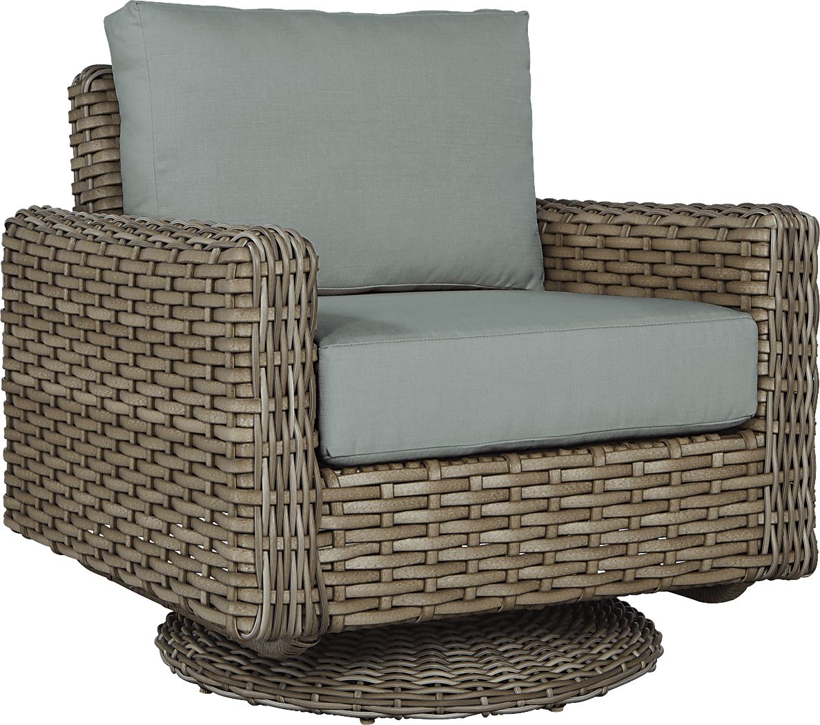 Siesta Key Driftwood Outdoor Swivel Chair with Seafoam Cushions Rooms To Go
