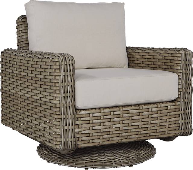Siesta Key Driftwood Outdoor Swivel Chair with Rollo Linen Cushions - Thumbnail - Image 1