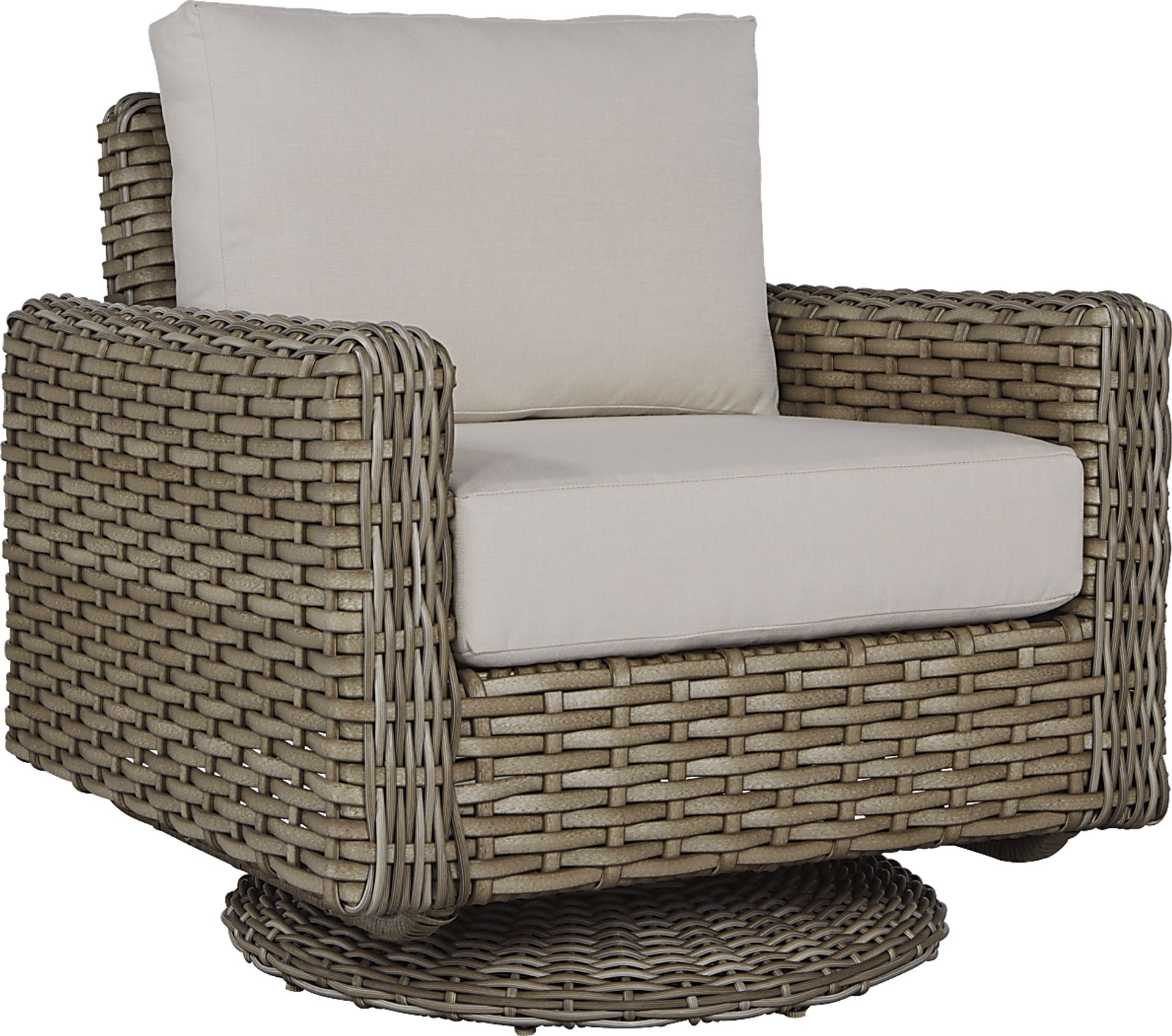 Siesta Key Driftwood Outdoor Swivel Chair with Rollo Linen Cushions - Image 1