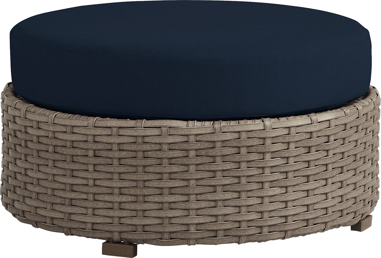 Siesta Key Driftwood Round Outdoor Ottoman with Ink Cushions - Rooms To Go