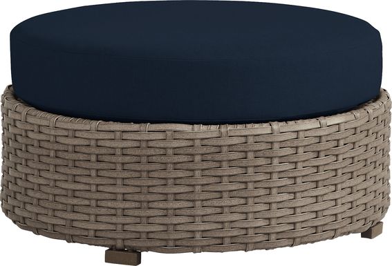 Siesta Key Driftwood Round Outdoor Ottoman with Ink Cushions
