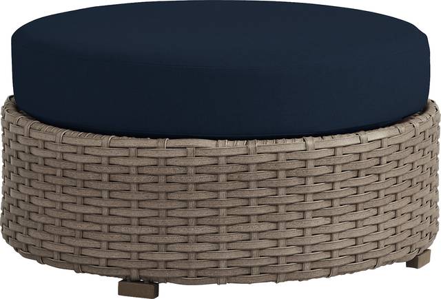 Siesta Key Driftwood Round Outdoor Ottoman with Ink Cushions - Thumbnail - Image 1
