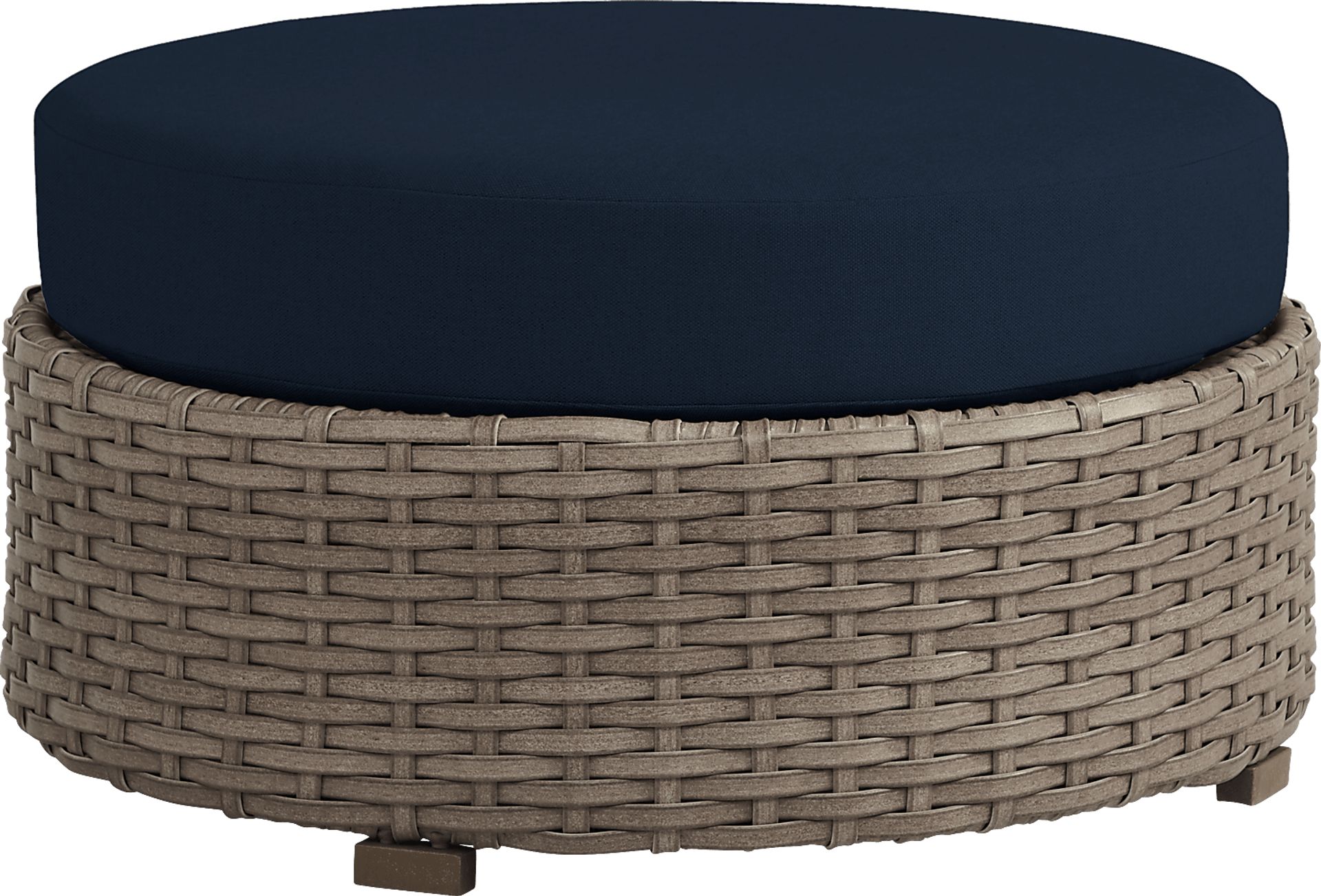 Siesta Key Driftwood Round Outdoor Ottoman with Ink Cushions - Image 1