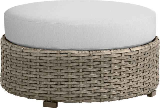 Siesta Key Driftwood Round Outdoor Ottoman with Dove Cushion - Thumbnail - Image 1