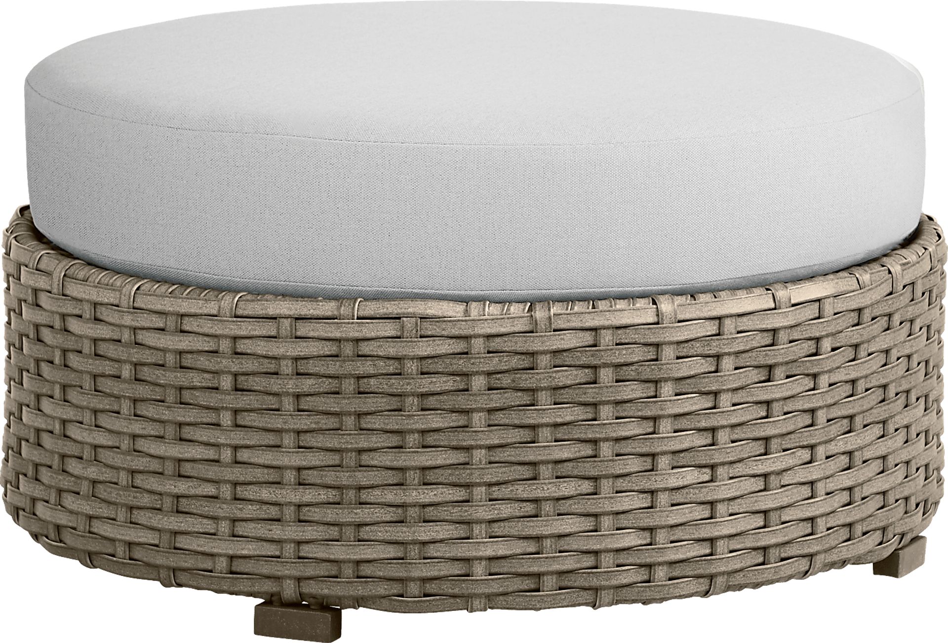 Siesta Key Driftwood Round Outdoor Ottoman with Dove Cushion - Image 1