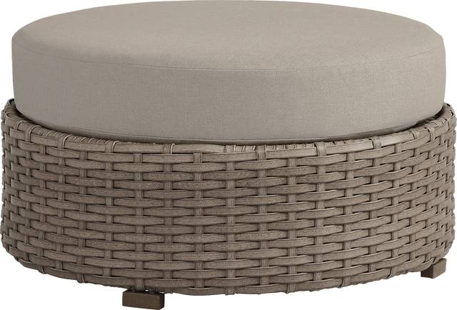 Siesta Key Driftwood Round Outdoor Ottoman with Pebble Cushions - Thumbnail - Image 1