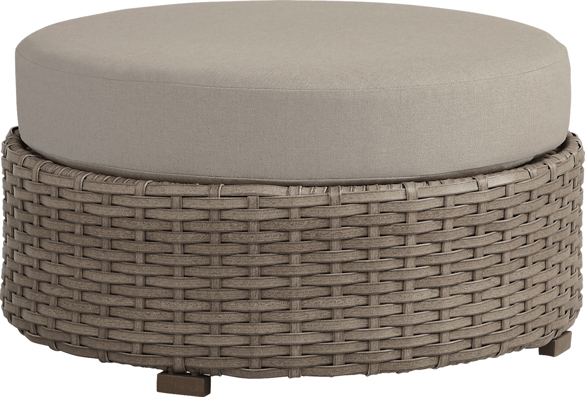 Siesta Key Driftwood Round Outdoor Ottoman with Pebble Cushions - Image 1