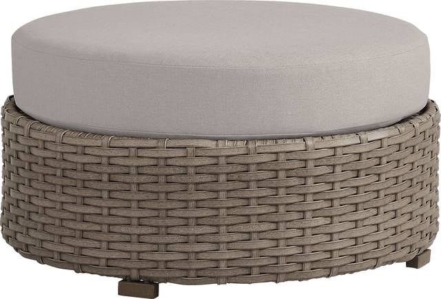 Siesta Key Driftwood Round Outdoor Ottoman with Rollo Linen Cushions - Thumbnail - Image 1