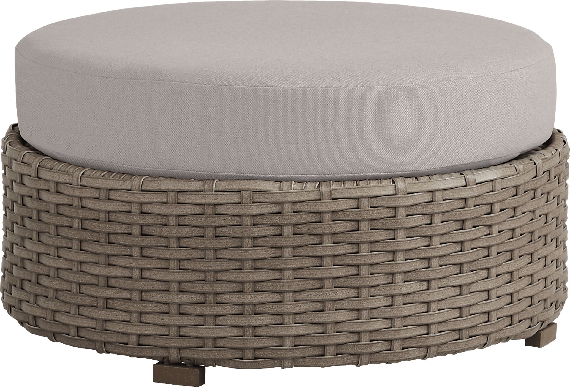 Siesta Key Driftwood Round Outdoor Ottoman with Rollo Linen Cushions - Image 1