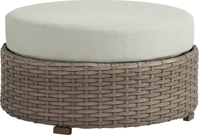 Siesta Key Driftwood Round Outdoor Ottoman with Rollo Seafoam Cushions - Thumbnail - Image 1