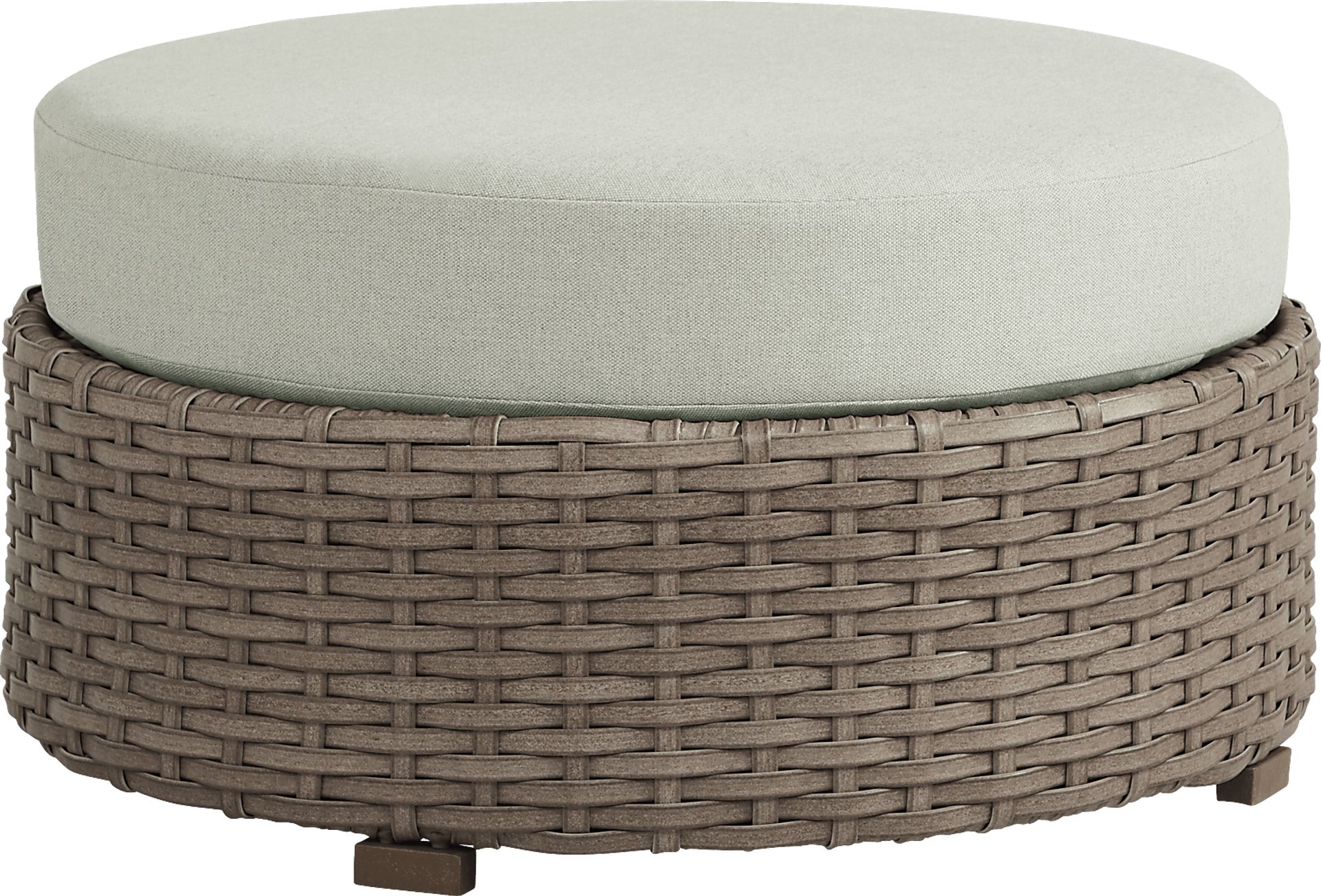 Siesta Key Driftwood Round Outdoor Ottoman with Rollo Seafoam Cushions - Image 1
