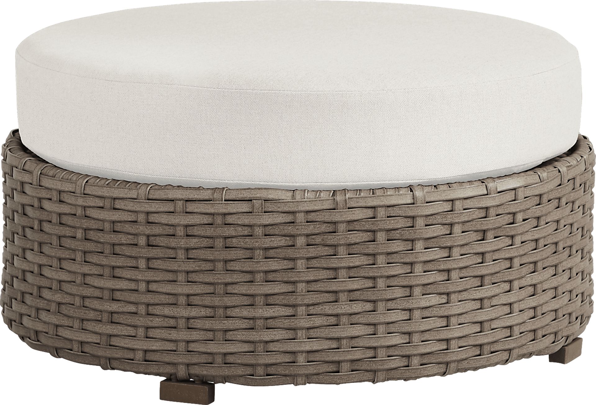 Siesta Key Driftwood Round Outdoor Ottoman with Linen Cushions - Image 1