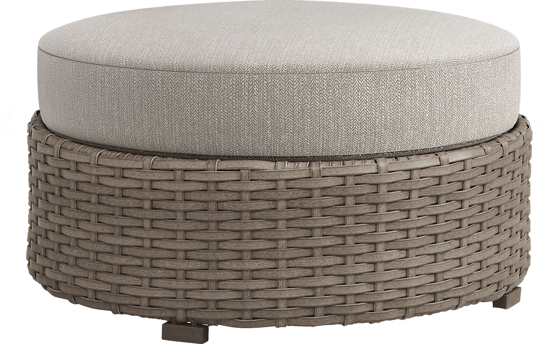 Siesta Key Driftwood Round Outdoor Ottoman with Twine Cushions - Image 1