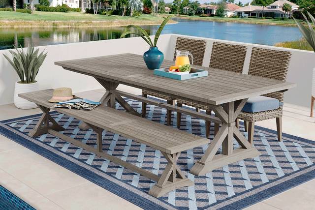 Siesta Key Gray 5 Pc Rectangle Outdoor Dining Set with Steel Cushions and Bench - Thumbnail - Image 1