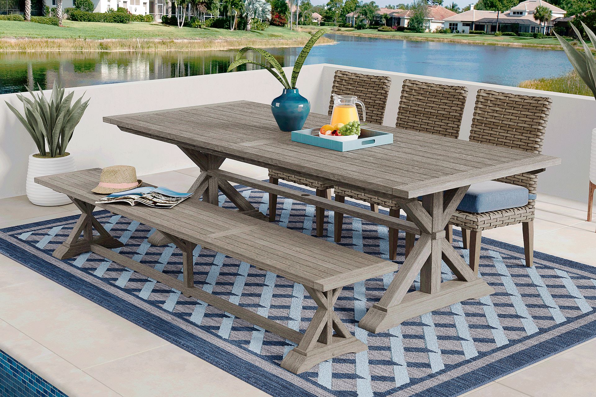 Siesta Key Gray 5 Pc Rectangle Outdoor Dining Set with Steel Cushions and Bench - Image 1