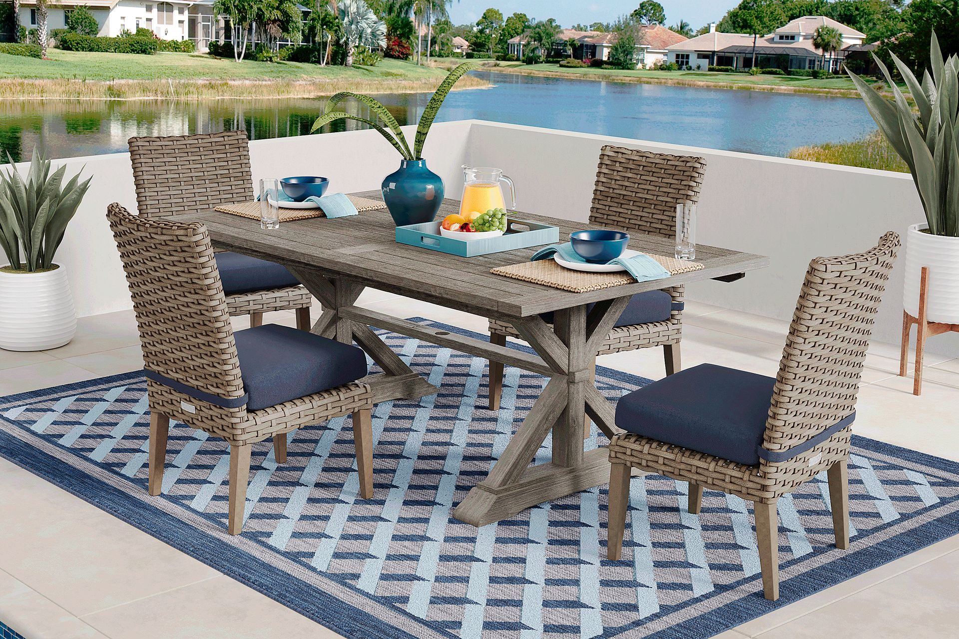 Siesta Key Gray 5 Pc Rectangle Outdoor Dining Set with Indigo Cushions - Image 1