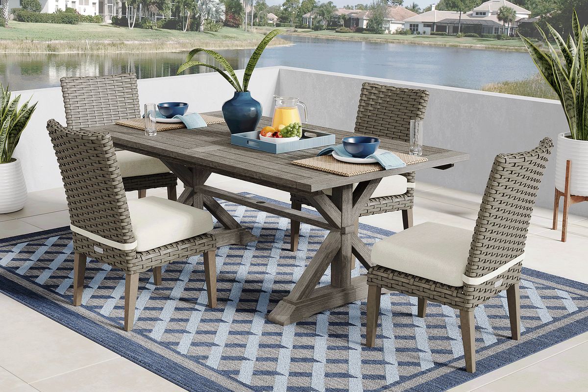 Siesta Key 5 Pc Gray Desert Yellow Wood Outdoor Dining Set With 76 In ...