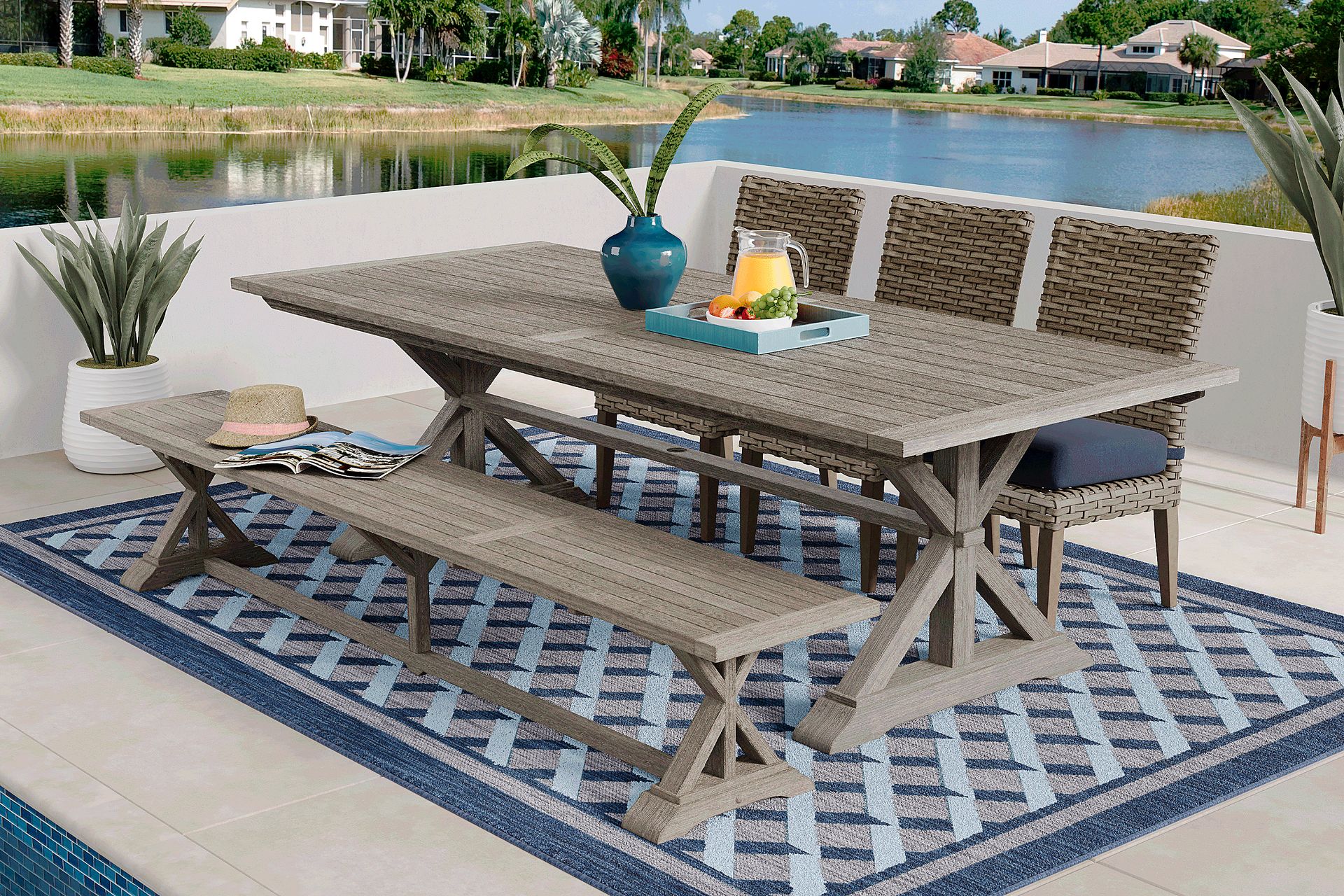 Siesta Key Gray 5 Pc Rectangle Outdoor Dining Set with Indigo Cushions and Bench - Image 1