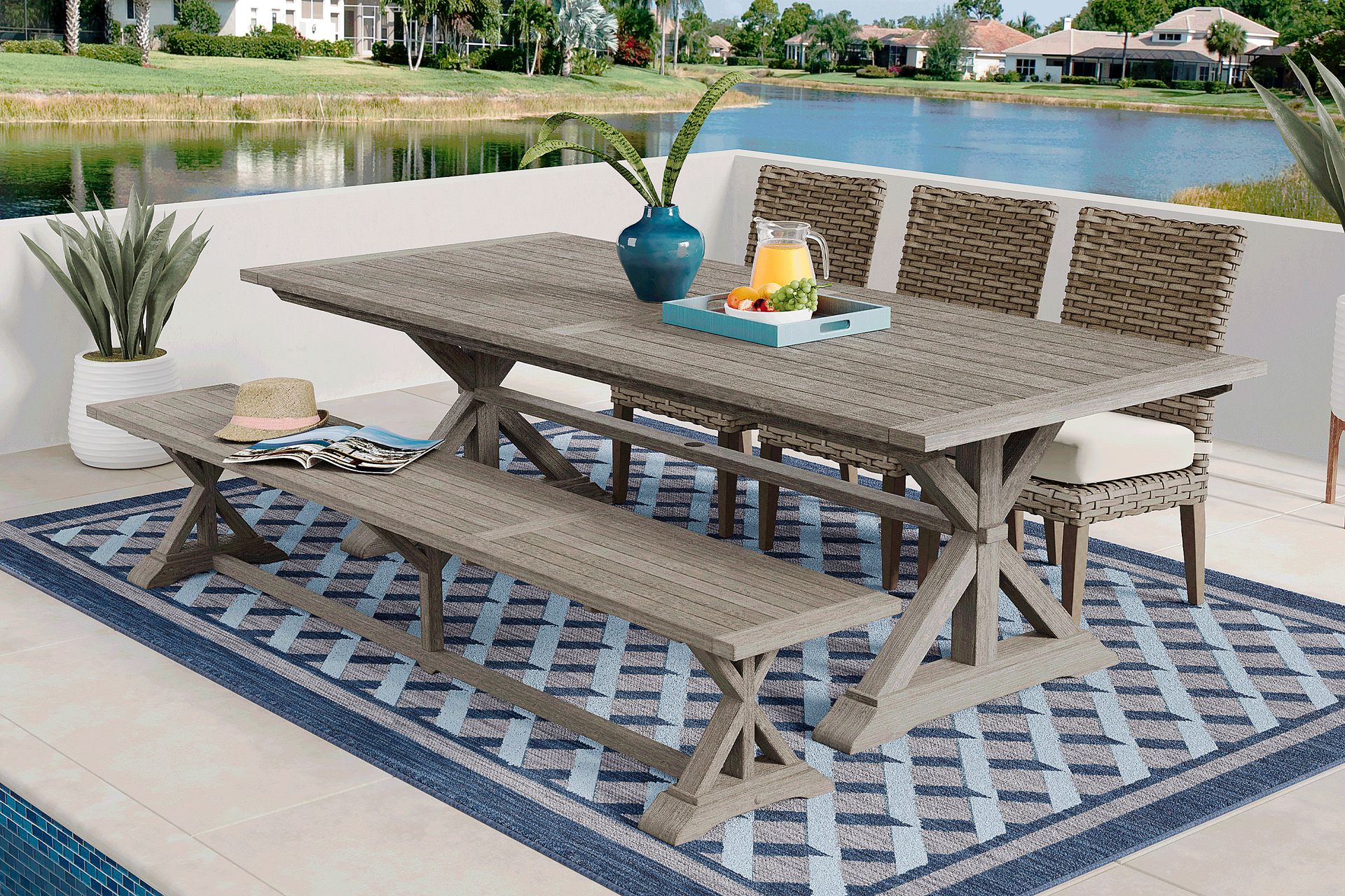 Siesta Key Gray 5 Pc Rectangle Outdoor Dining Set with Linen Cushions and Bench - Image 1