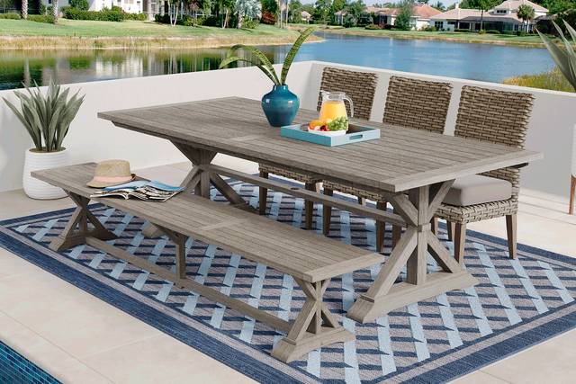 Siesta Key Gray 5 Pc Rectangle Outdoor Dining Set with Twine Cushions and Bench - Thumbnail - Image 1