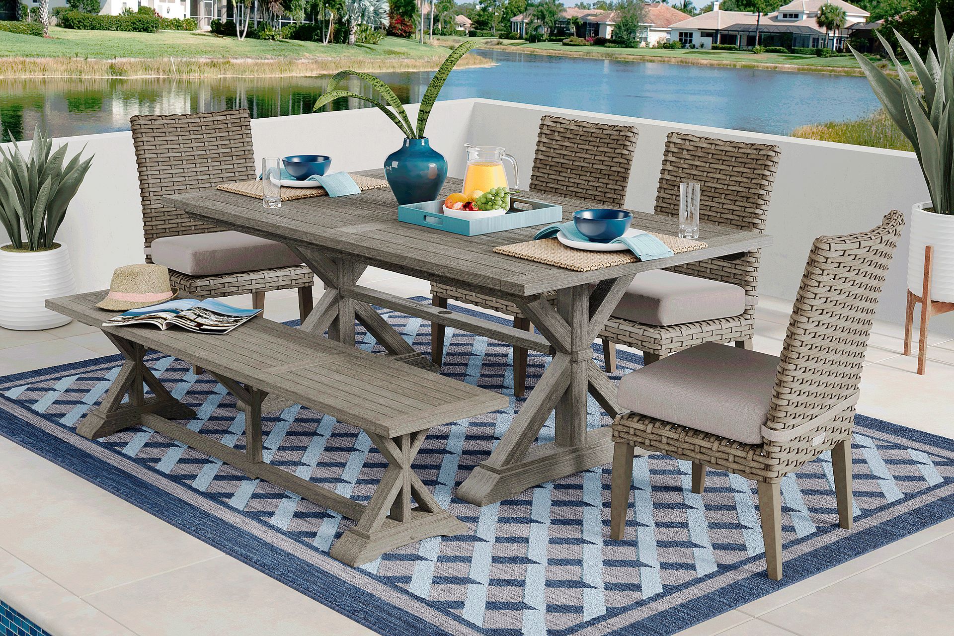 Siesta Key Gray 6 Pc Rectangle Outdoor Dining Set with Twine Cushions - Image 1