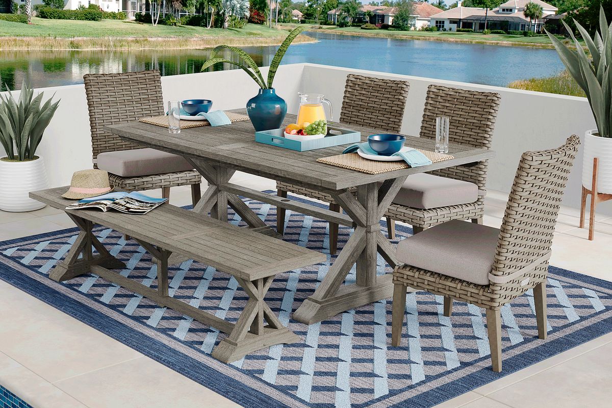 Siesta Key 6 Pc Gray Twine Wood Outdoor Dining Set With 76 In ...