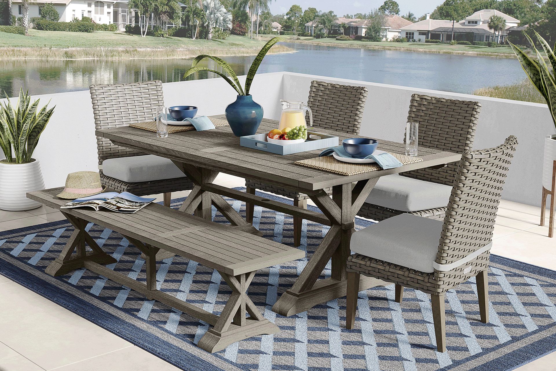 Siesta Key Gray 6 Pc Outdoor Dining Set with Dove Cushions and Bench - Image 1