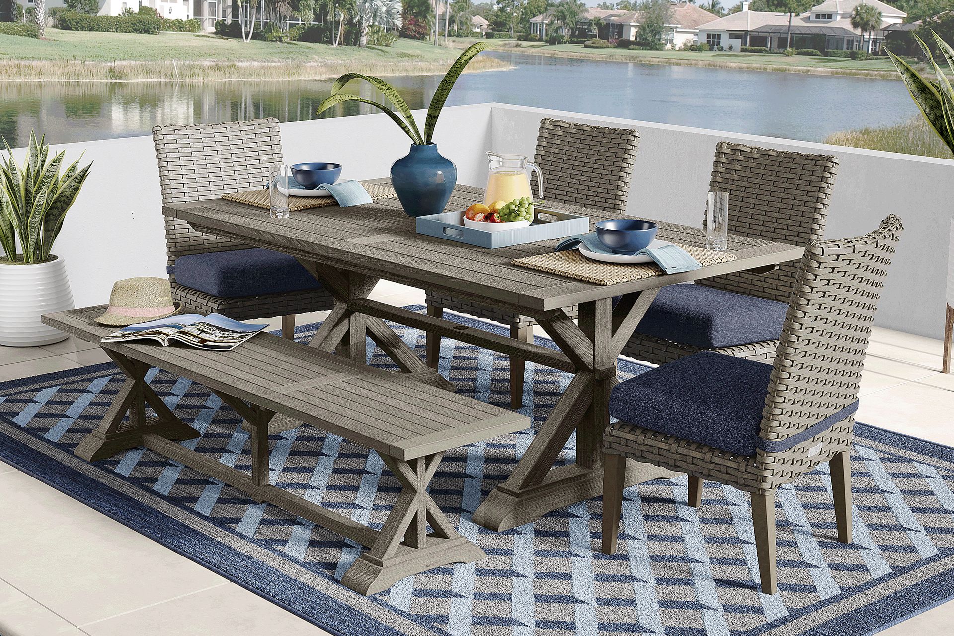Siesta Key Gray 6 Pc Outdoor Dining Set with Ink Cushions and Bench - Image 1