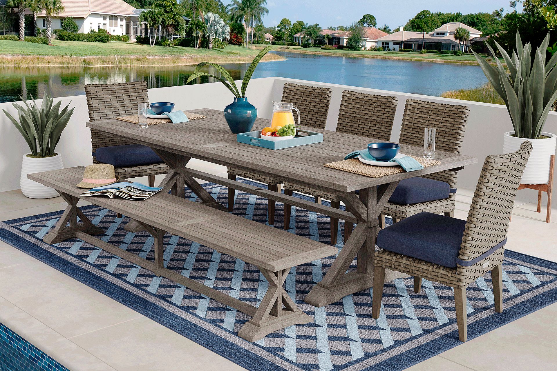 Siesta Key Gray 7 Pc Rectangle Outdoor Dining Set with Indigo Cushions and Bench - Image 1