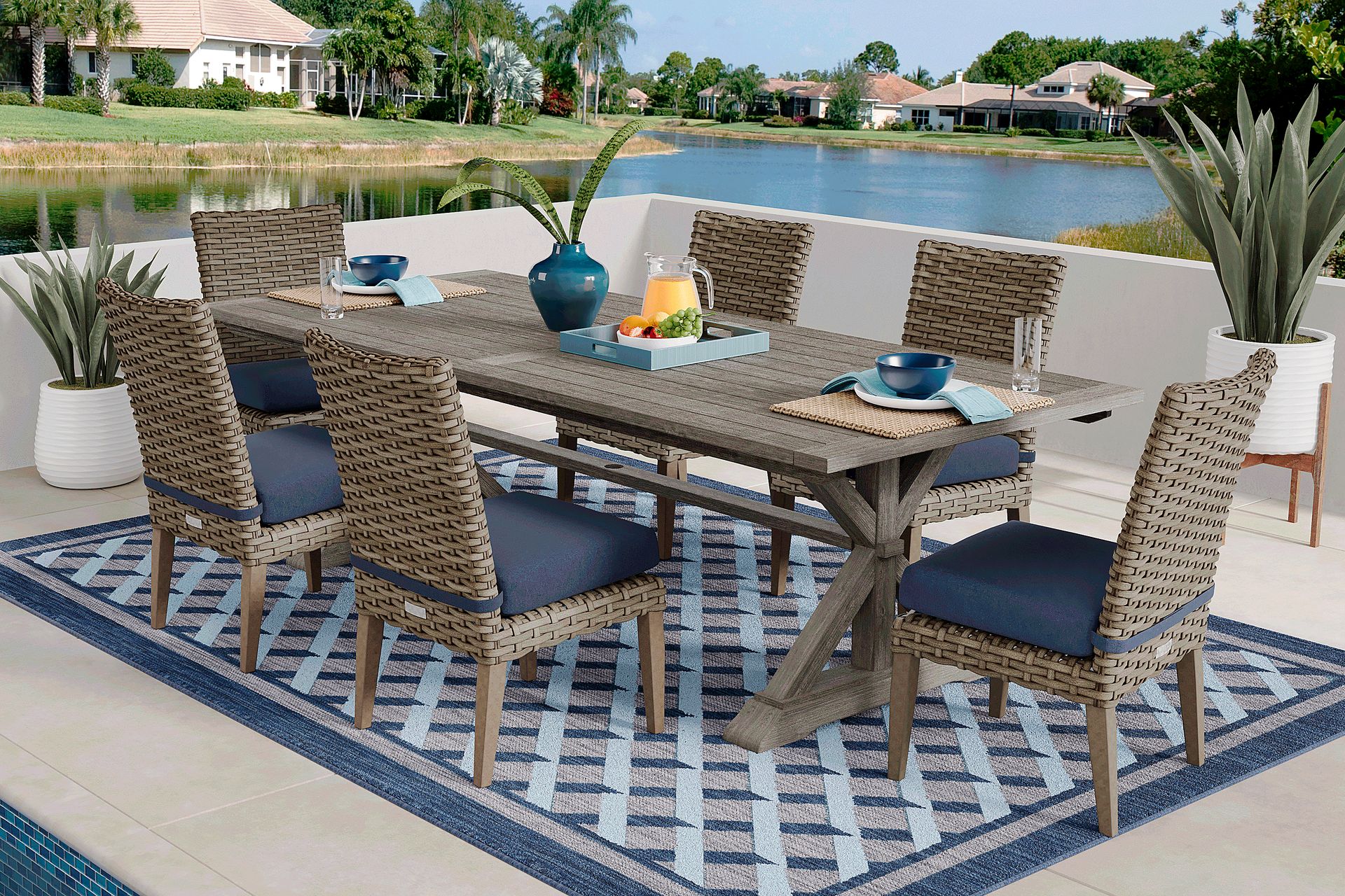 Siesta Key Gray 7 Pc Rectangle Outdoor Dining Set with Indigo Cushions - Image 1
