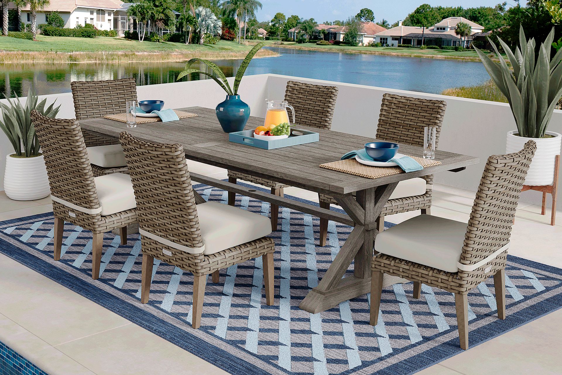 Siesta Key Gray 7 Pc Rectangle Outdoor Dining Set with Linen Cushions - Image 1